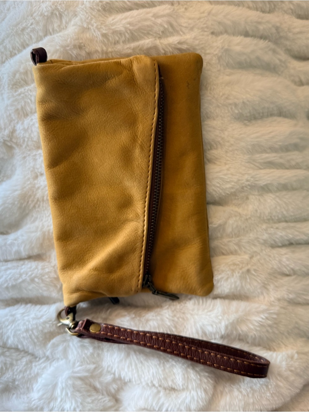 Toscana Mustard Yellow Nubuck Leather Wristlet Clutch with Brown Strap